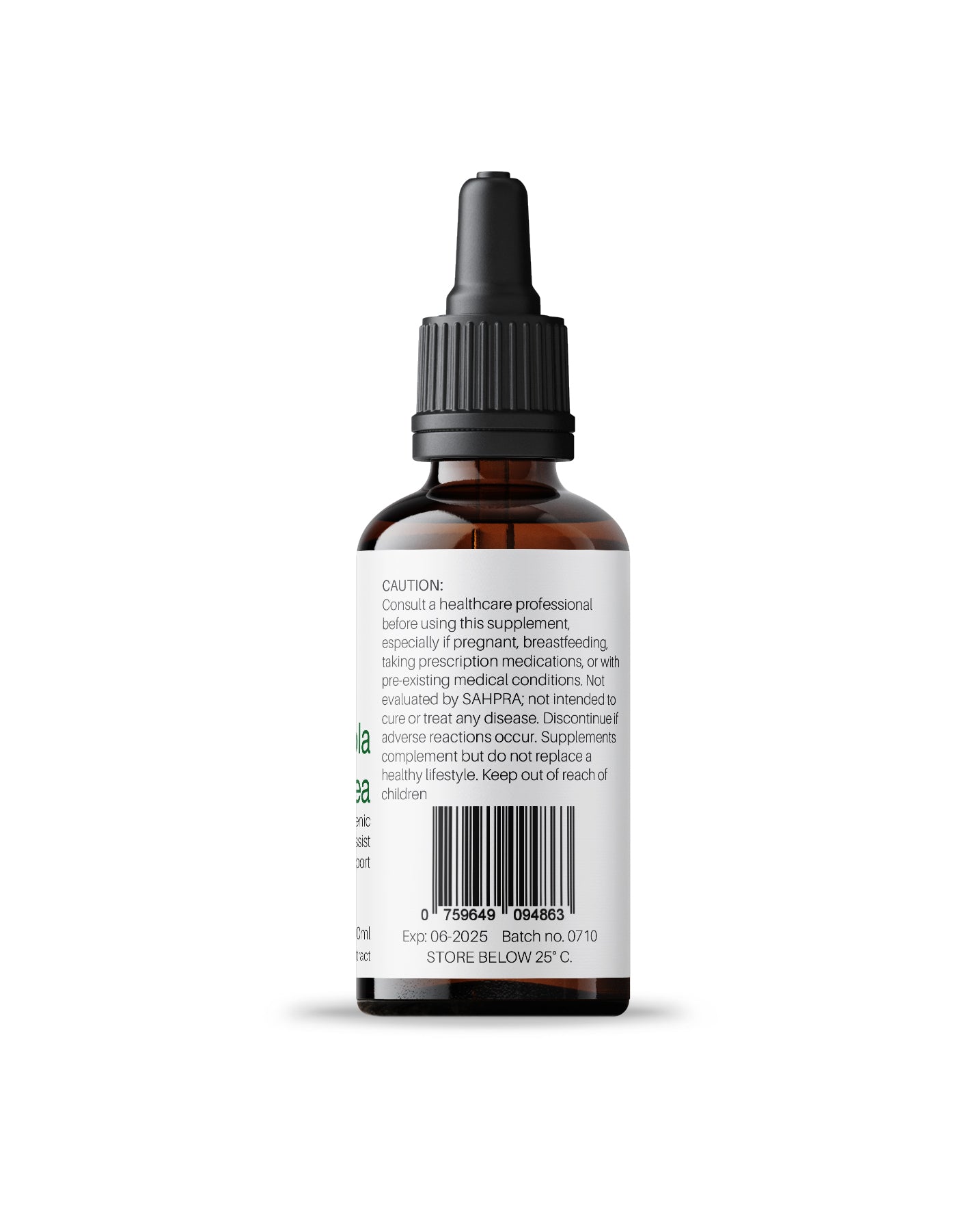 Side label of Kenzen Rhodiola Rosea Extract 30ml bottle displaying warning, disclaimer, and barcode on a white background