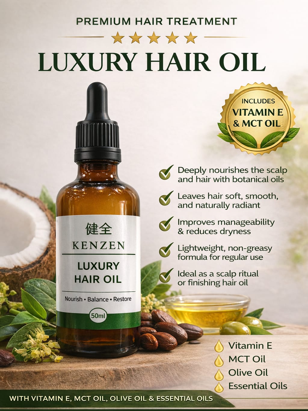 Luxury Hair Oil with Vitamin E – Botanical Scalp & Hair Oil with Jojoba, Castor, Rosemary & Almond | 50ml Dropper