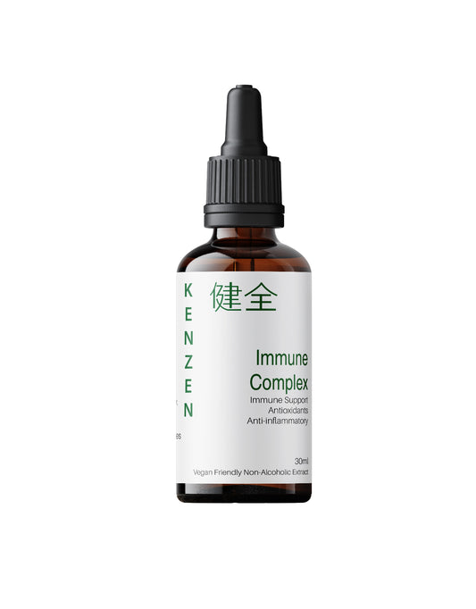Kenzen Immune Complex Non-Alcoholic Herbal Tincture 30ml in an amber dropper bottle with front label displaying product name and benefits on a white background