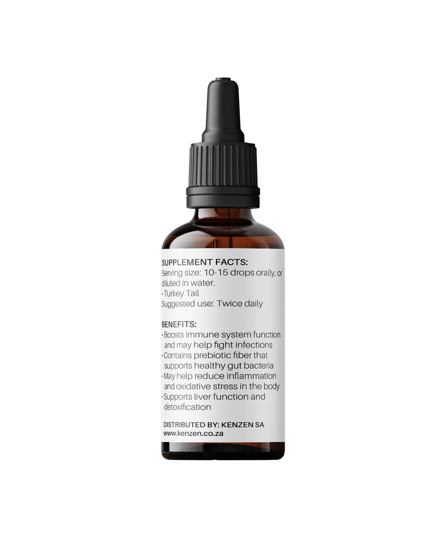 Back label of Kenzen Turkey Tail Mushroom Extract 30ml bottle showing ingredients and benefits on a white background