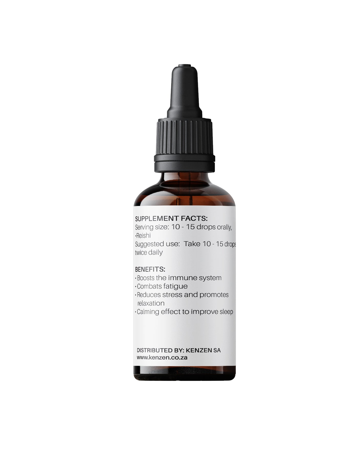 Back label of Kenzen Reishi Mushroom Extract 30ml bottle showing ingredients and benefits on a white background
