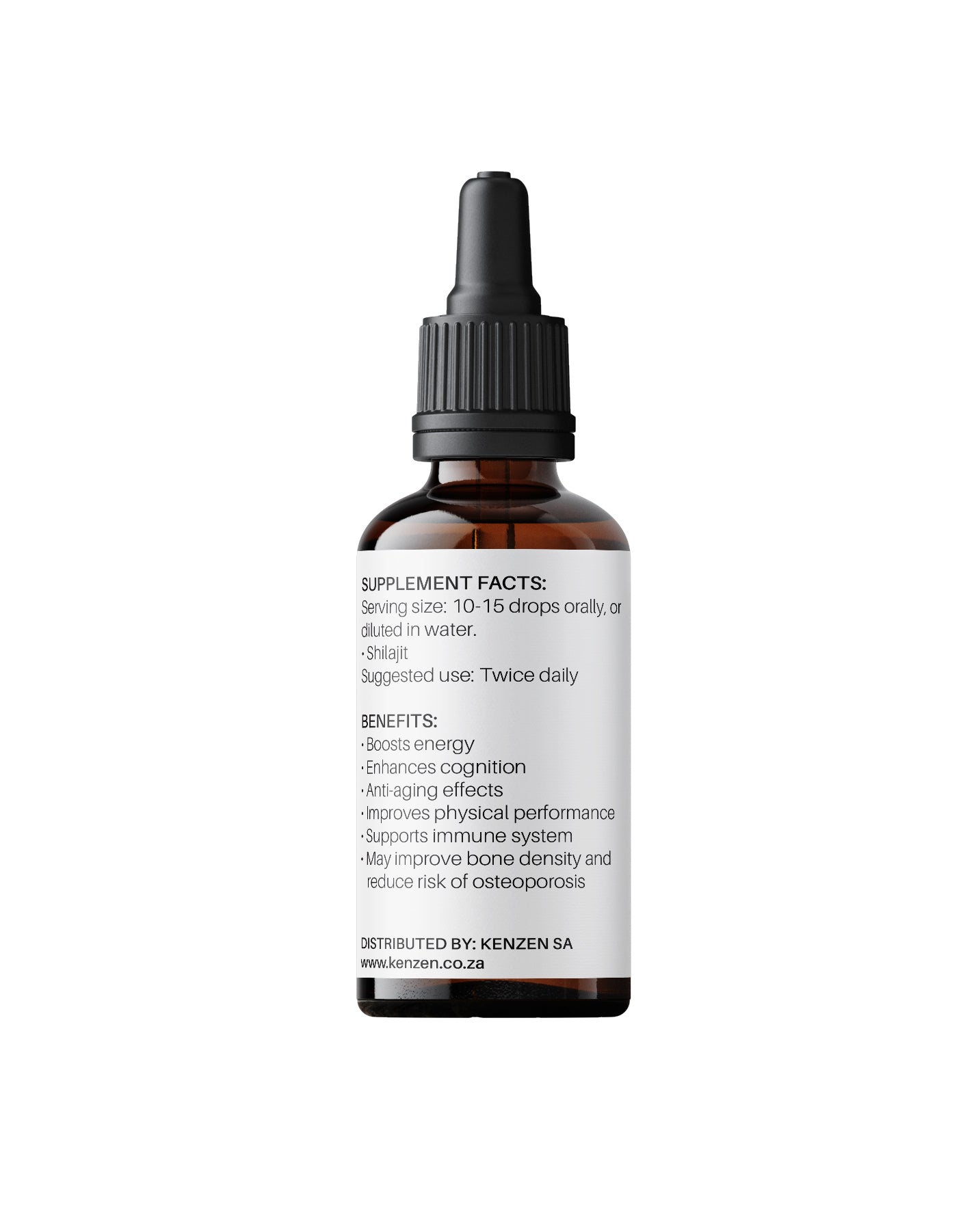 Back label of Kenzen Shilajit Extract 30ml bottle showing ingredients and benefits on a white background.