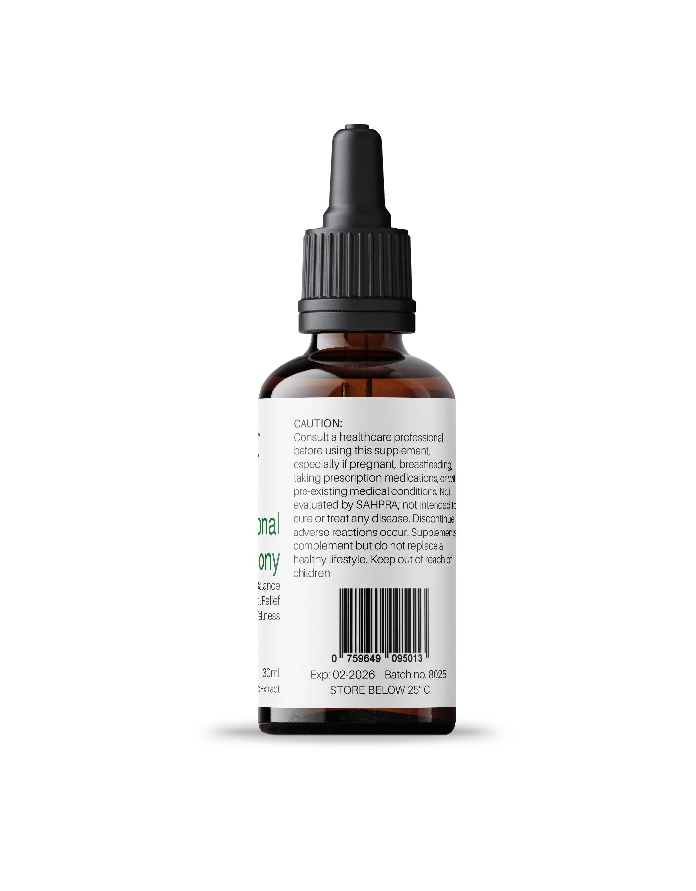 Side label of Kenzen Hormonal Harmony Non-Alcoholic Herbal Tincture 30ml in an amber dropper bottle displaying warning, disclaimer, and barcode on a white background