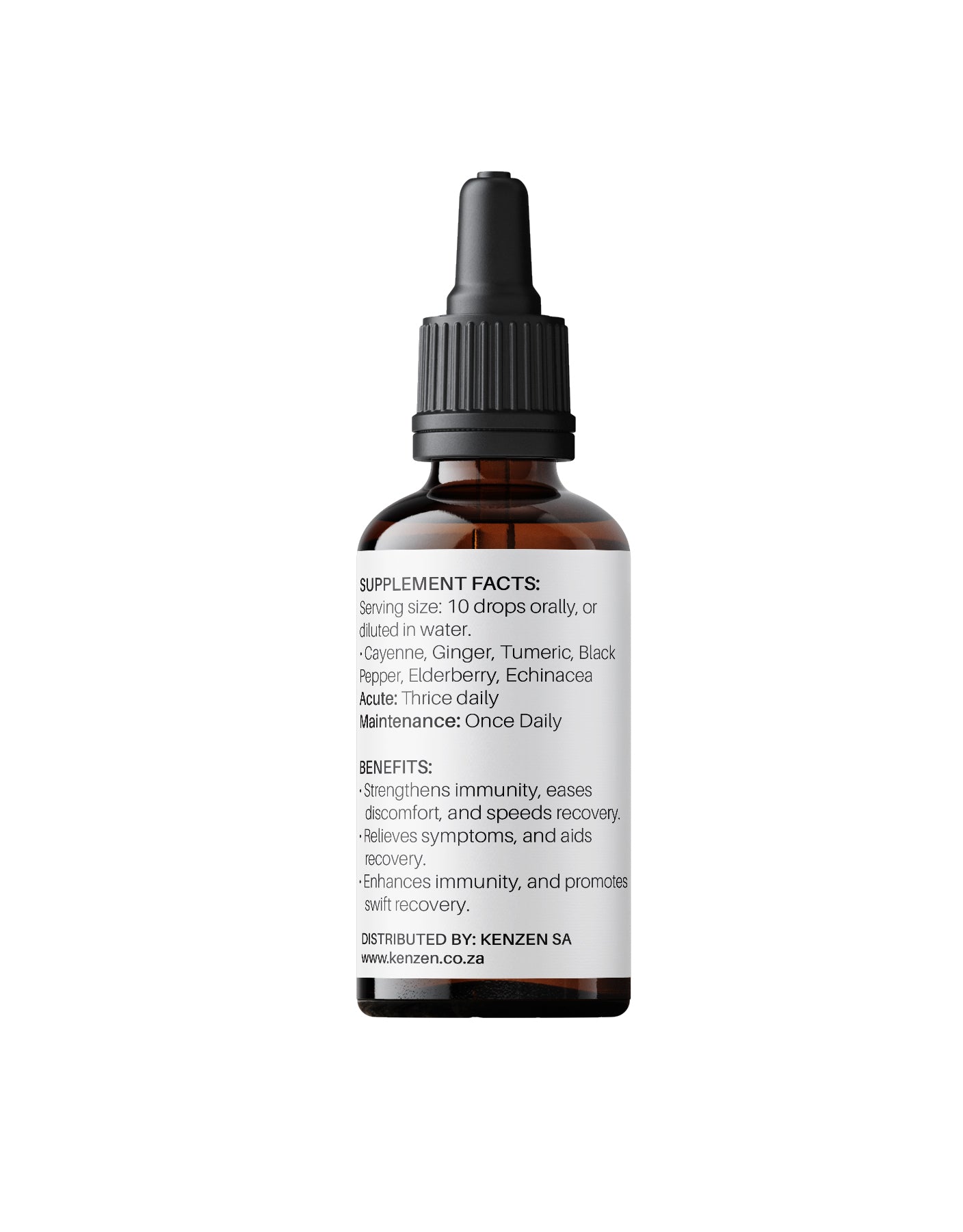 Back label of Kenzen Immune Complex Non-Alcoholic Herbal Tincture 30ml in an amber dropper bottle showing ingredients and benefits on a white background