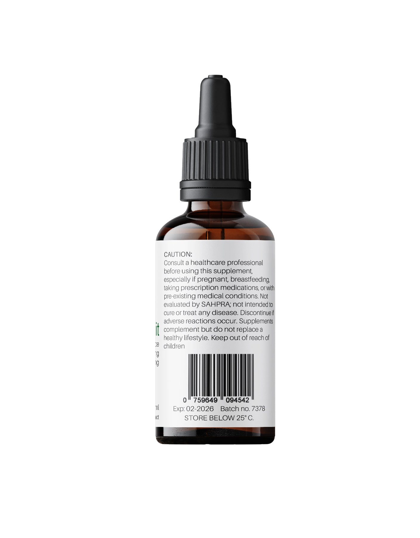 Side label of Kenzen Shilajit Extract 30ml bottle displaying warning, disclaimer, and barcode on a white background
