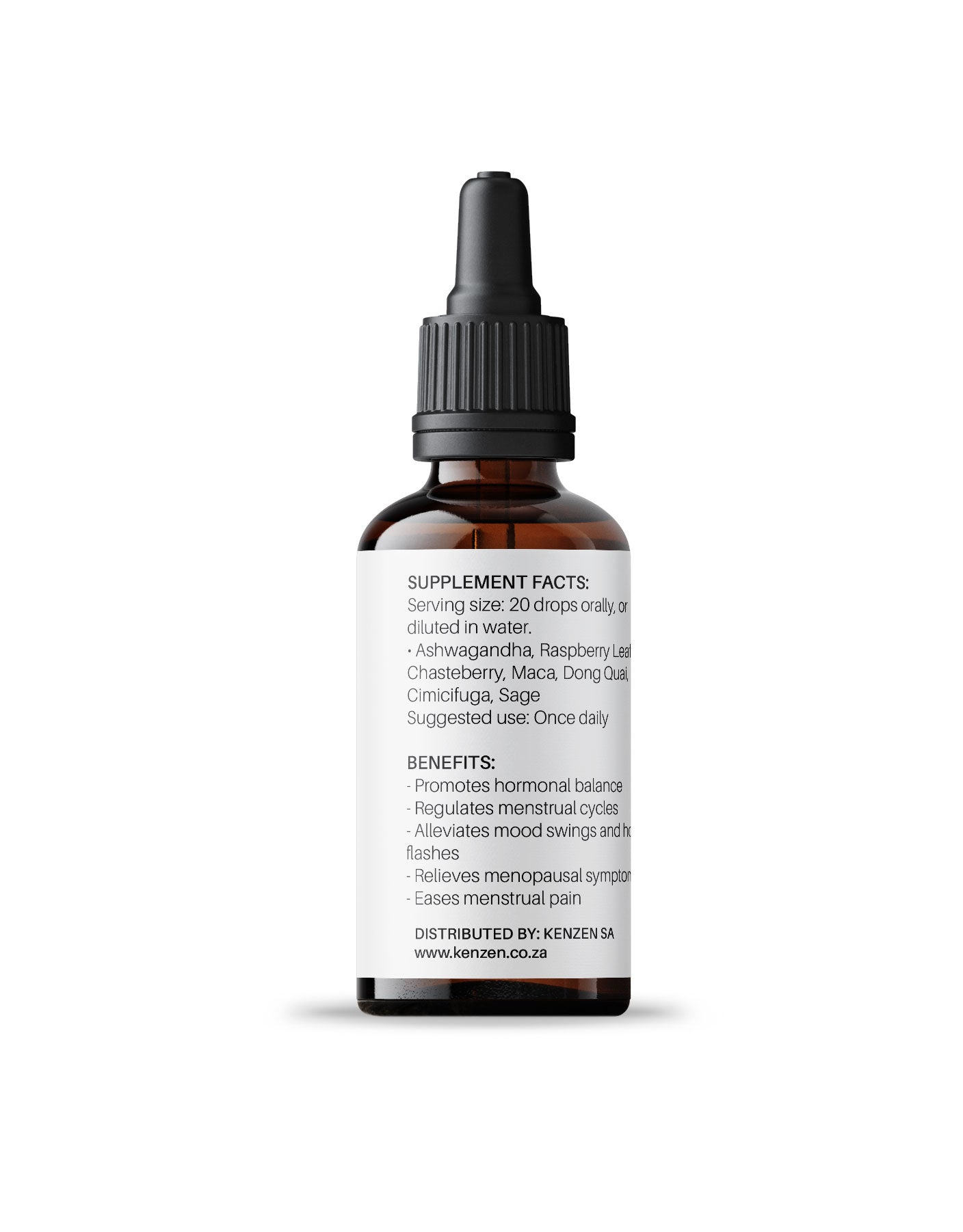 Back label of Kenzen Hormonal Harmony Non-Alcoholic Herbal Tincture 30ml in an amber dropper bottle showing ingredients and benefits on a white background