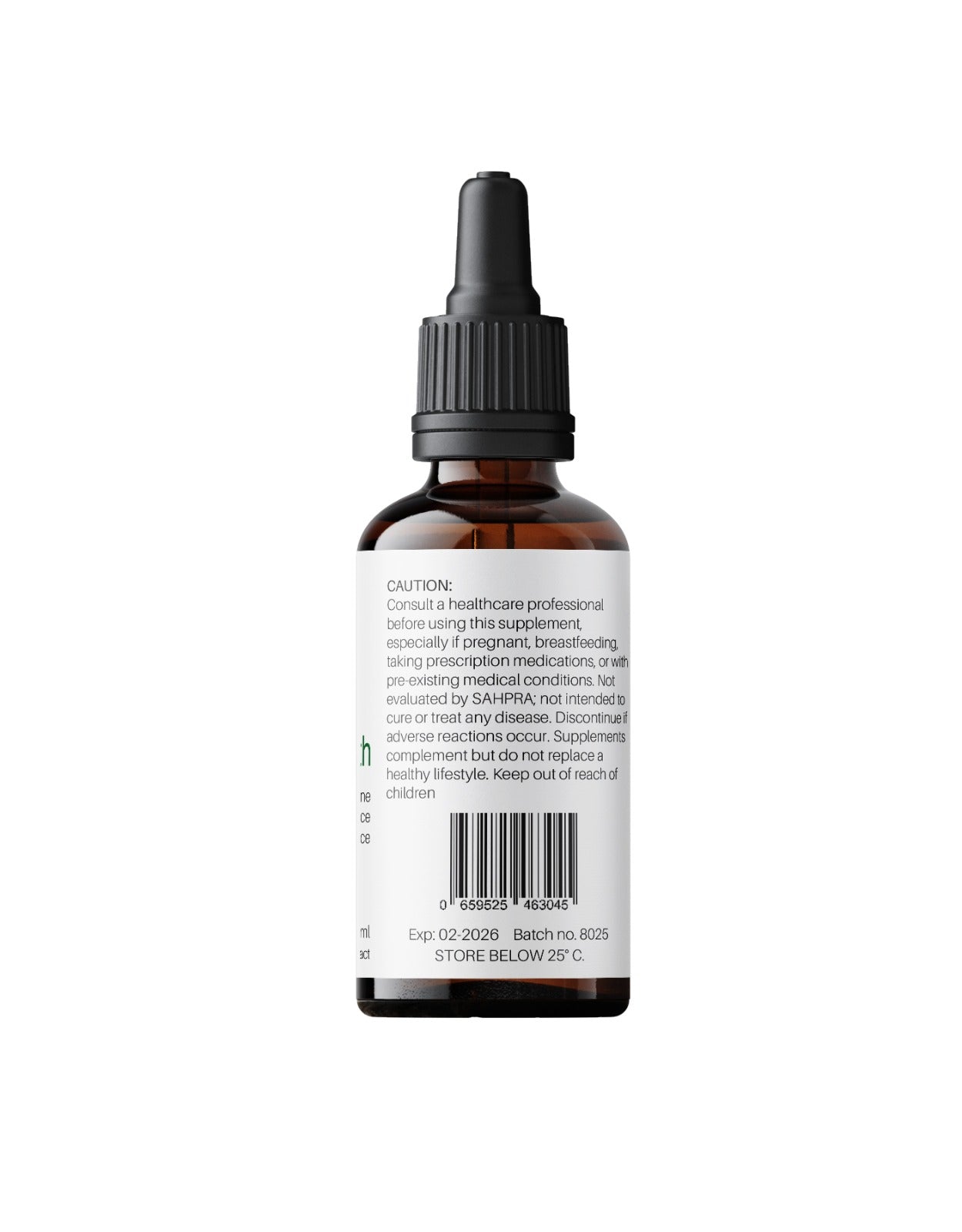 Side label of Kenzen Men's Health Non-Alcoholic Herbal Tincture 30ml in an amber dropper bottle displaying warning, disclaimer, and barcode on a white background