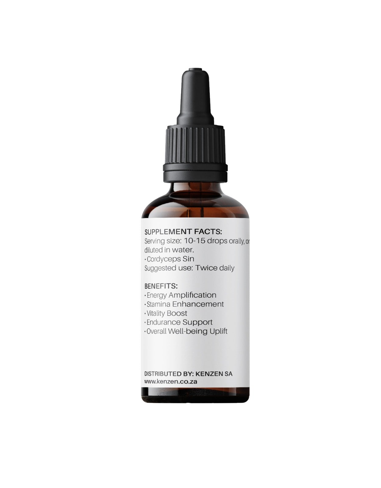 Back label of Kenzen Cordyceps Mushroom Non-Alcoholic Herbal Tincture 30ml in an amber dropper bottle showing ingredients and benefits on a white background