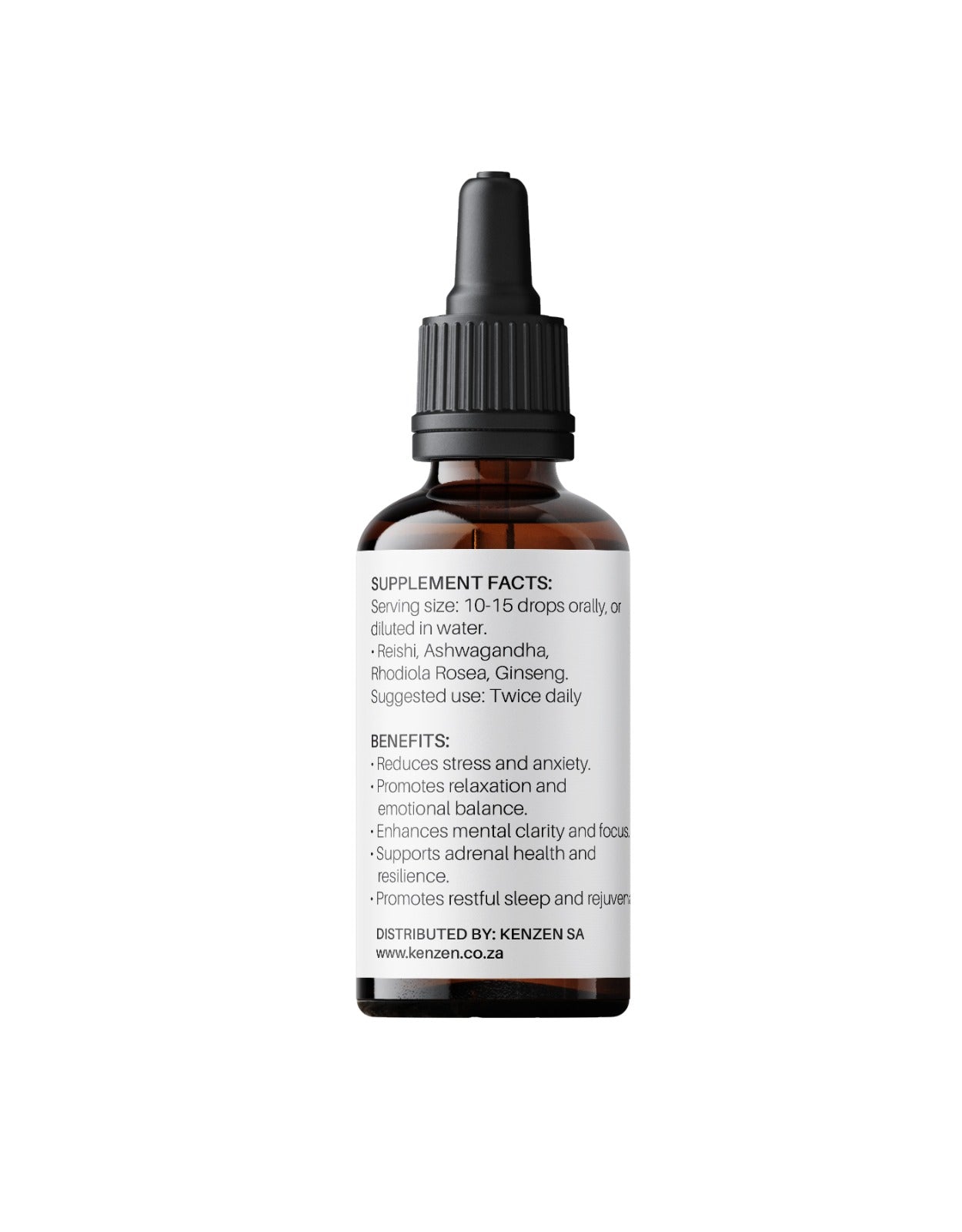 Back label of Burnout Non-Alcoholic Herbal Tincture 30ml in an amber dropper bottle showing ingredients and benefits on a white background