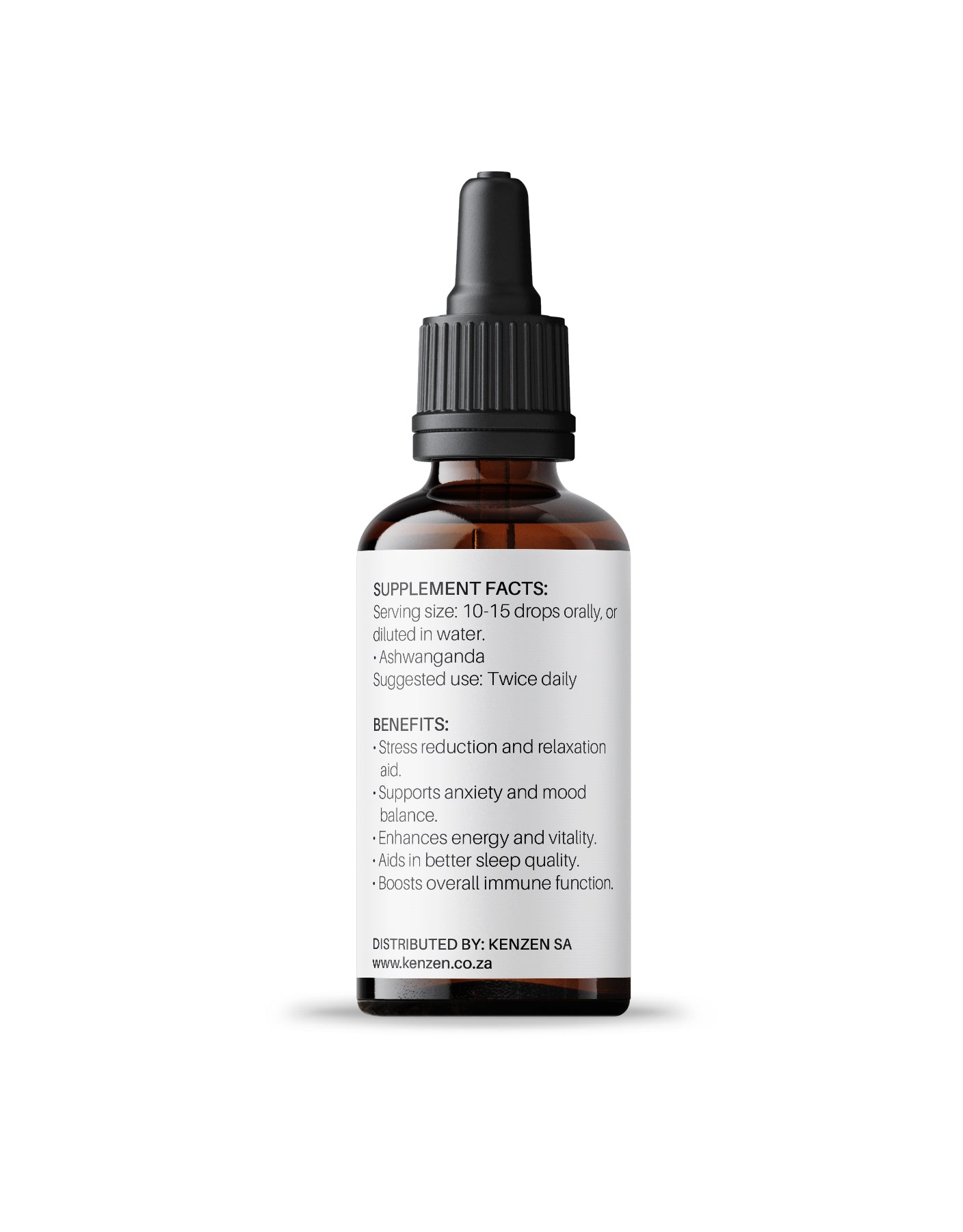 Back label of Ashwagandha Non-Alcoholic Herbal Tincture 30ml in an amber dropper bottle showing ingredients and benefits on a white background