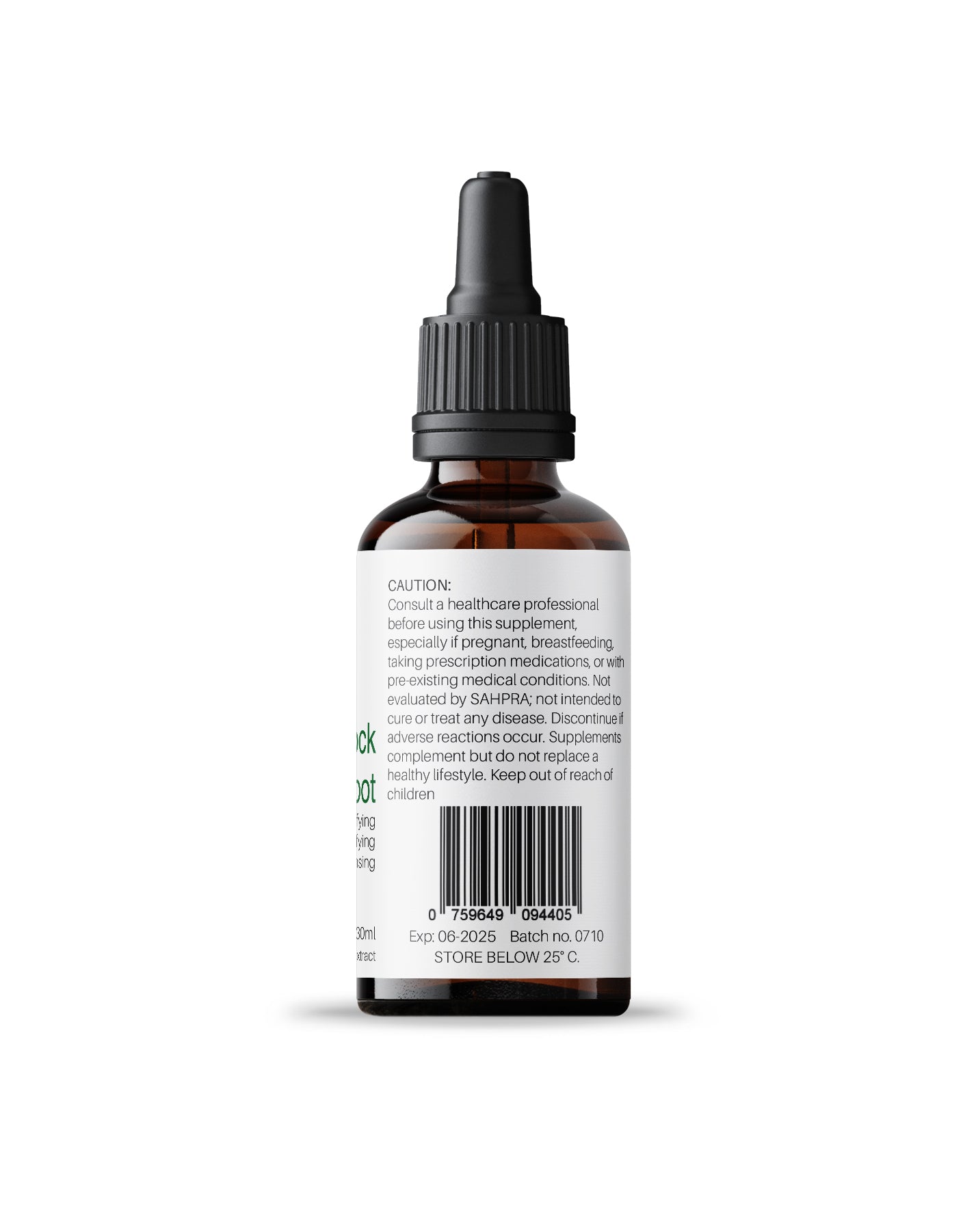 Side label of Burdock Root Non-Alcoholic Herbal Tincture 30ml in an amber dropper bottle displaying warning, disclaimer, and barcode on a white background