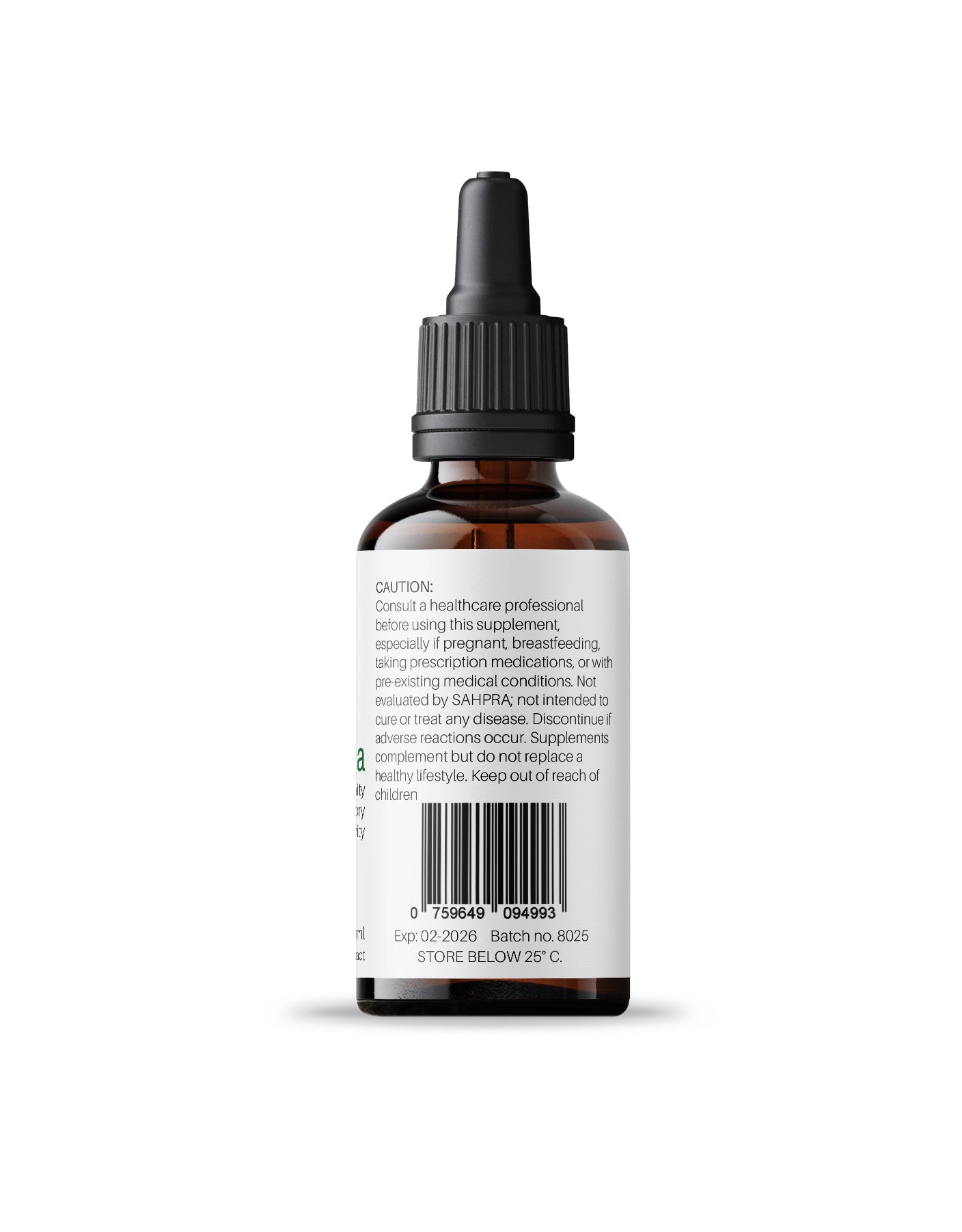 Side label of Kenzen Chaga Mushroom Non-Alcoholic Herbal Tincture 30ml in an amber dropper bottle displaying warning, disclaimer, and barcode on a white background