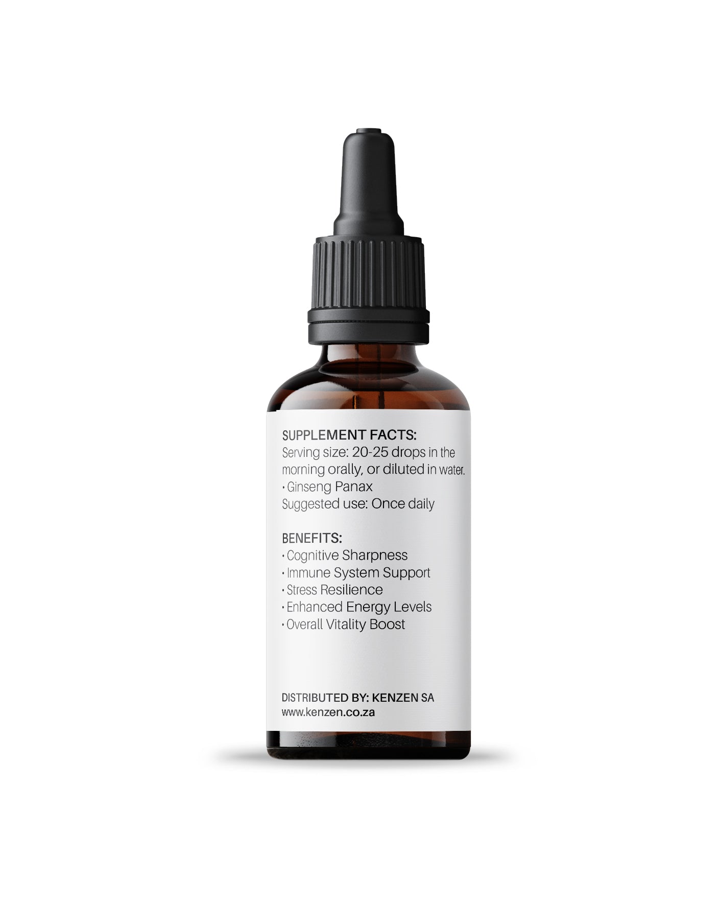 Back label of Kenzen Ginseng Panax Non-Alcoholic Herbal Tincture 30ml in an amber dropper bottle showing ingredients and benefits on a white background