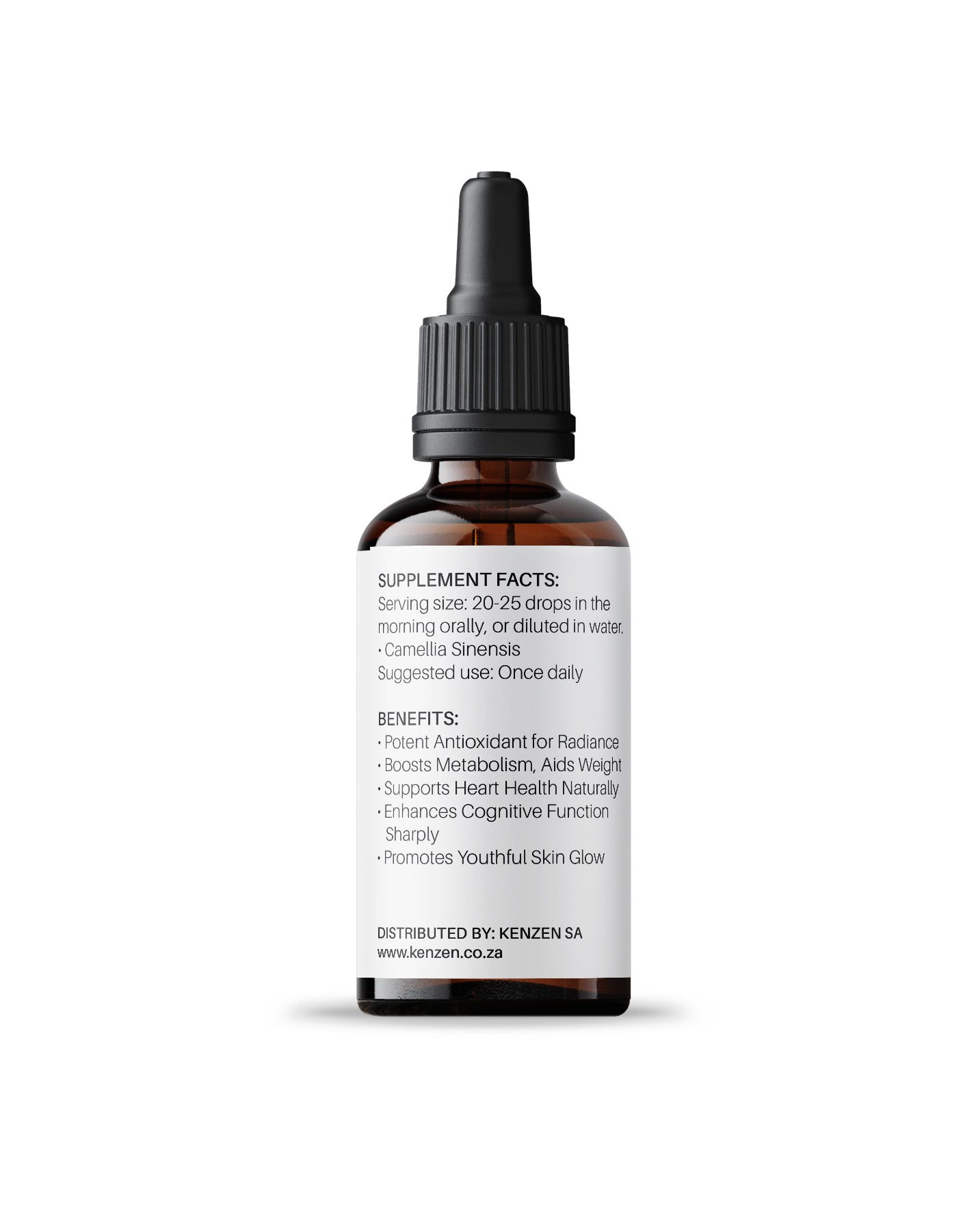 Back label of Kenzen Green Tea Non-Alcoholic Herbal Tincture 30ml in an amber dropper bottle showing ingredients and benefits on a white background
