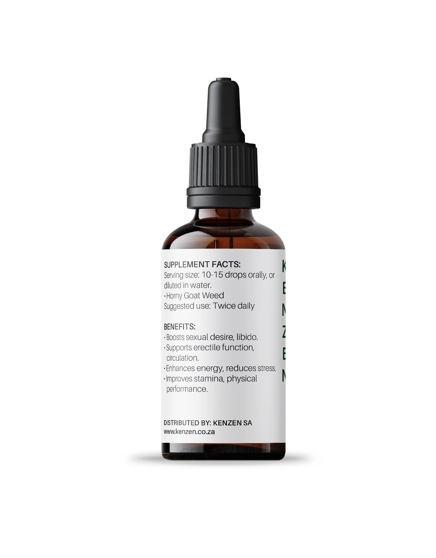 Back label of Kenzen Horny Goat Weed Non-Alcoholic Herbal Tincture 30ml in an amber dropper bottle showing ingredients and benefits on a white background