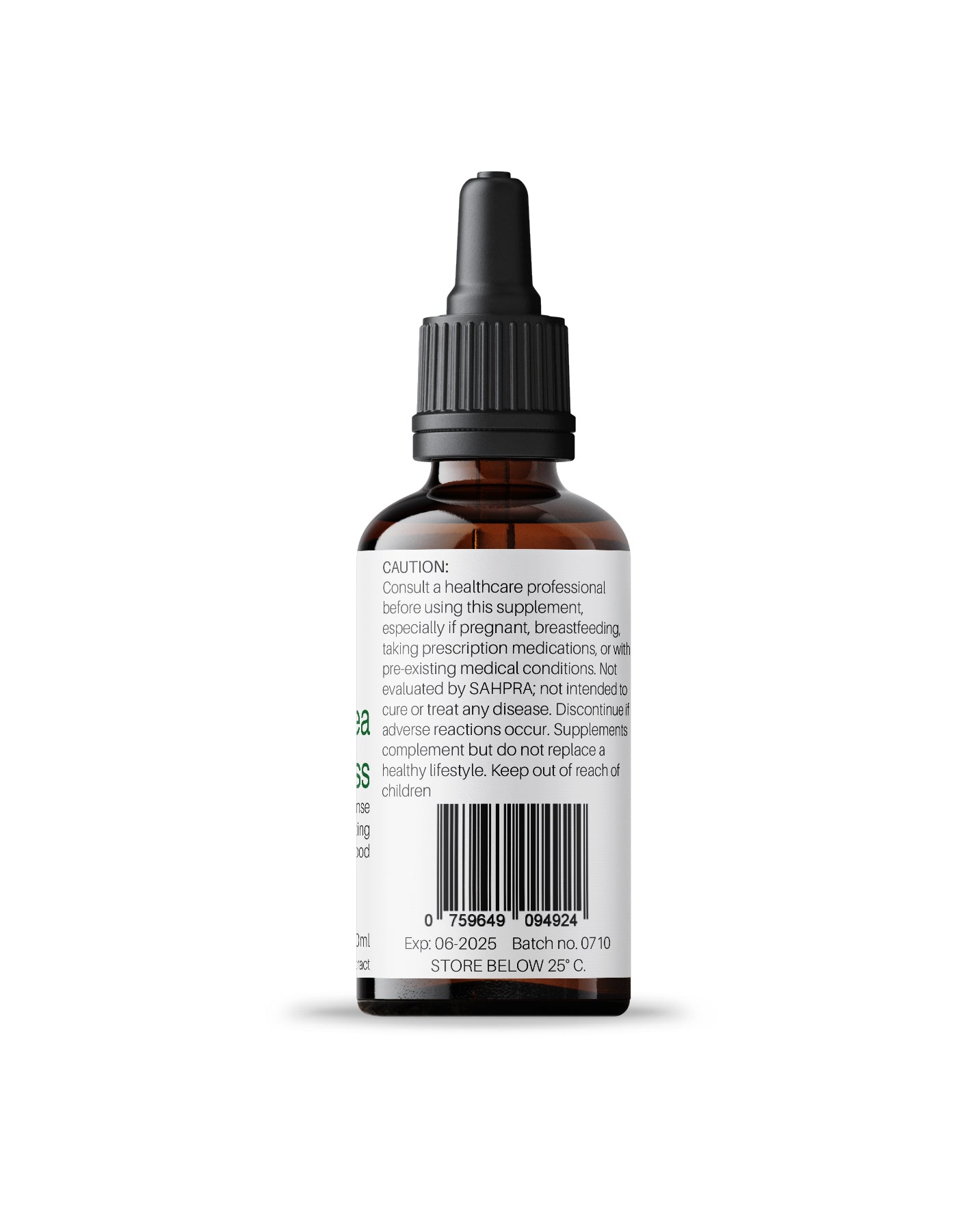 Side label of Kenzen Irish Sea Moss Non-Alcoholic Herbal Tincture 30ml in an amber dropper bottle displaying warning, disclaimer, and barcode on a white background