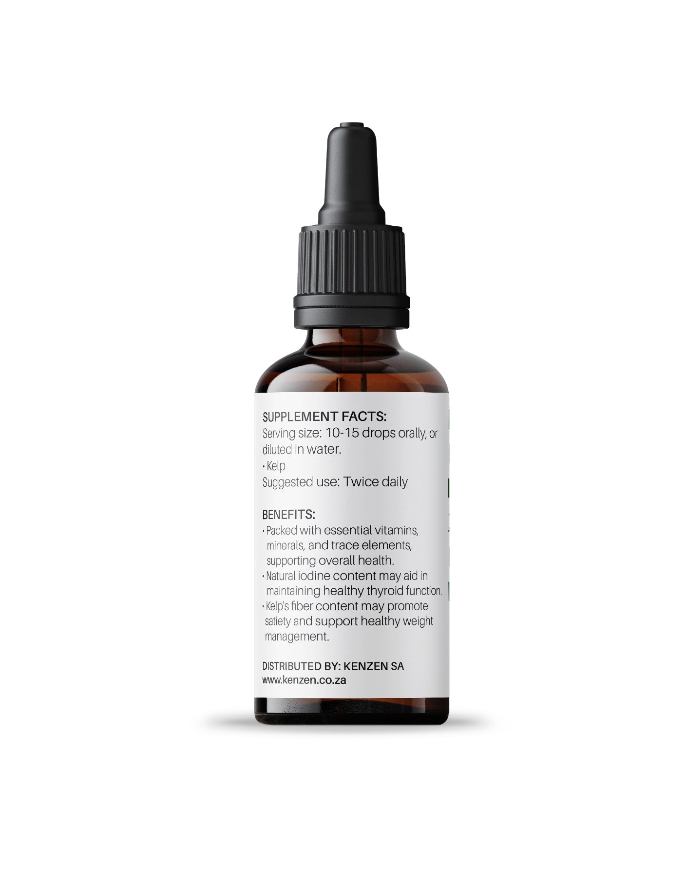 Back label of Kenzen Kelp Non-Alcoholic Herbal Tincture 30ml in an amber dropper bottle showing ingredients and benefits on a white background