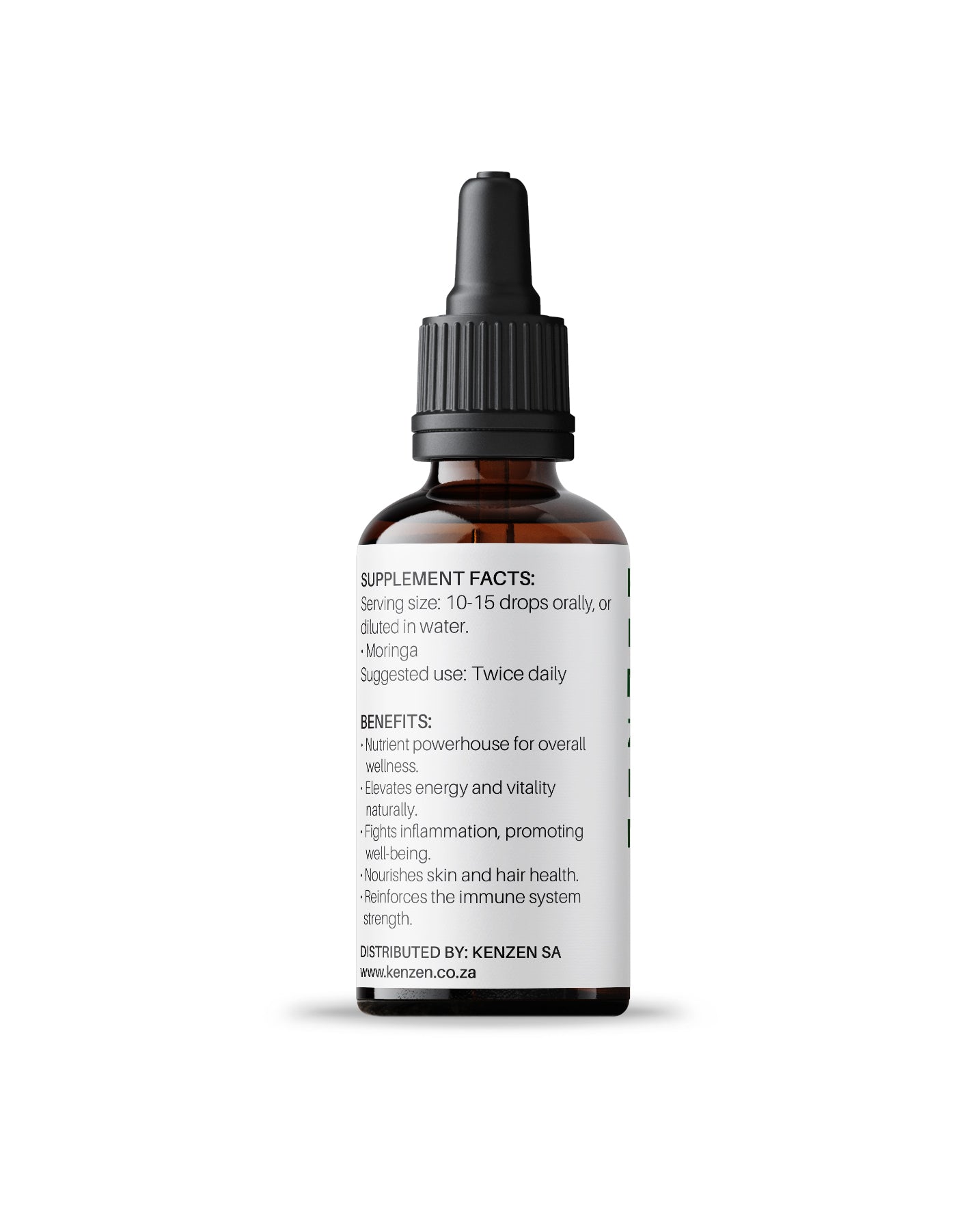 Back label of Kenzen Moringa Non-Alcoholic Herbal Tincture 30ml in an amber dropper bottle showing ingredients and benefits on a white background