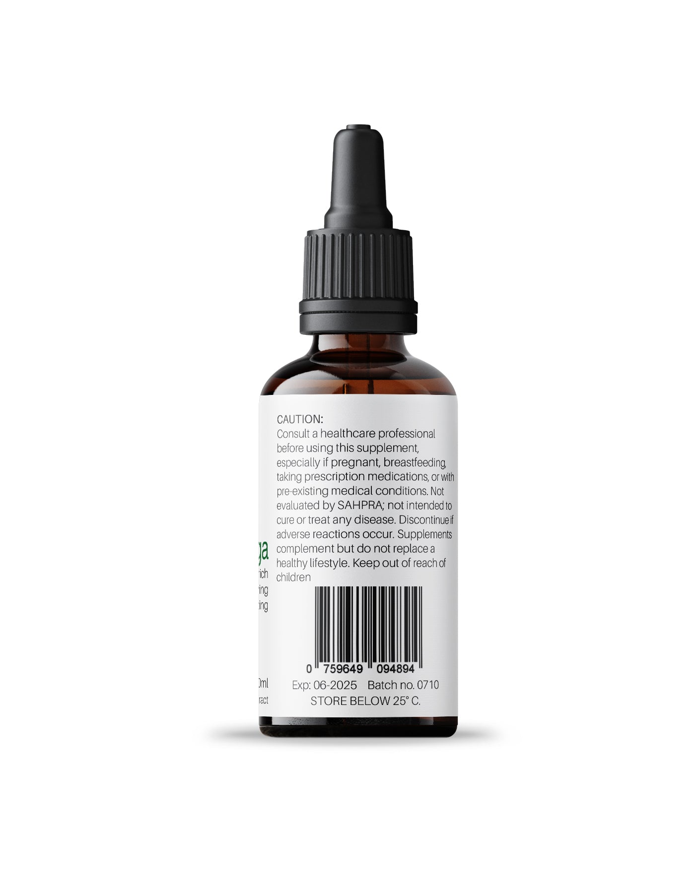 Side label of Kenzen Moringa Non-Alcoholic Herbal Tincture 30ml in an amber dropper bottle displaying warning, disclaimer, and barcode on a white background