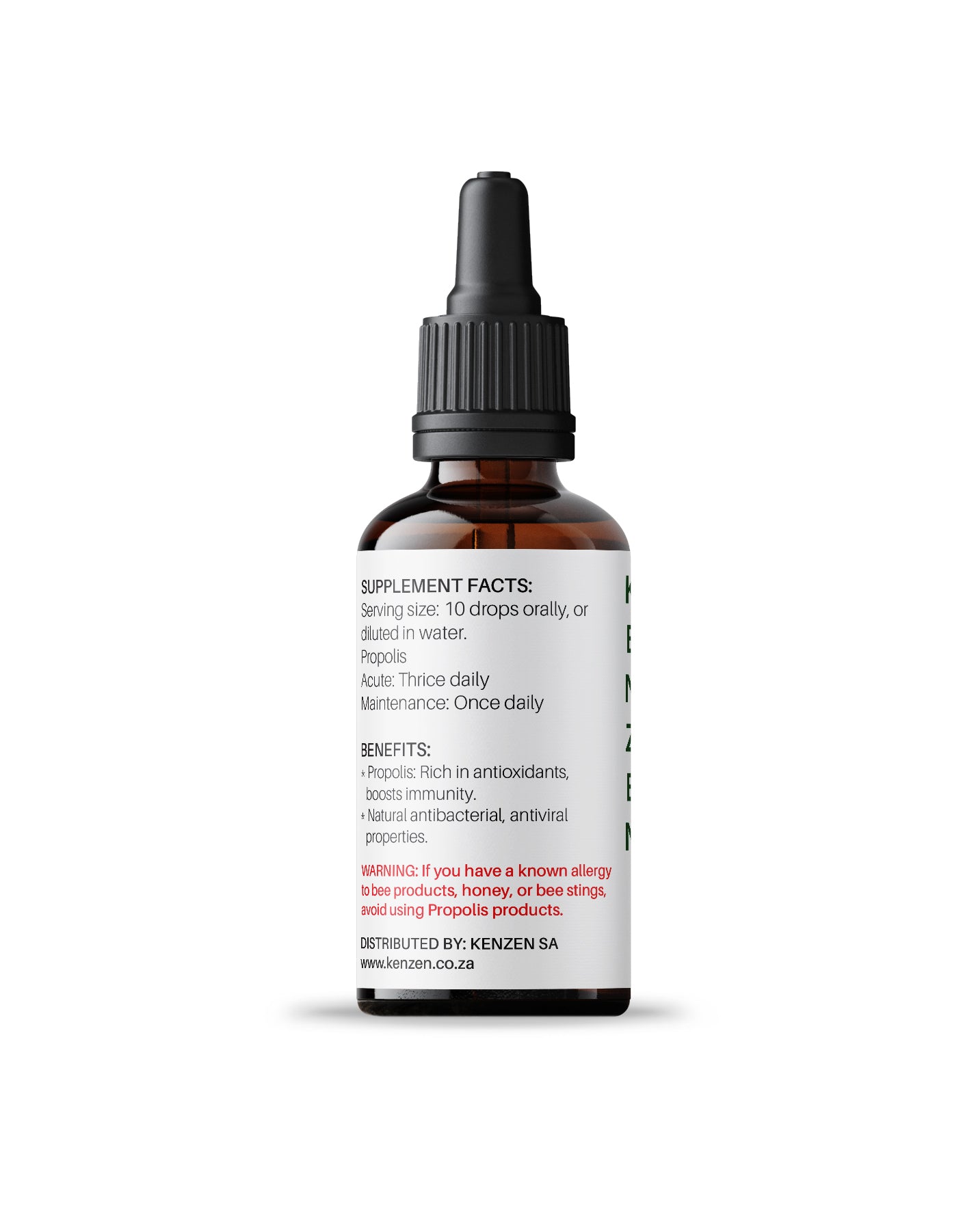 Back label of Kenzen Propolis Extract 30ml bottle showing ingredients and benefits on a white background