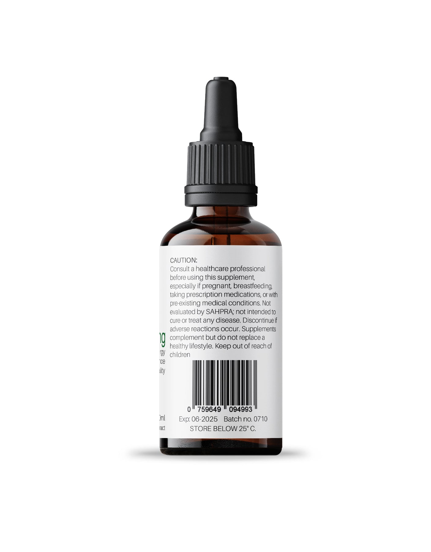 Side label of Kenzen Ginseng Panax Non-Alcoholic Herbal Tincture 30ml in an amber dropper bottle displaying warning, disclaimer, and barcode on a white background