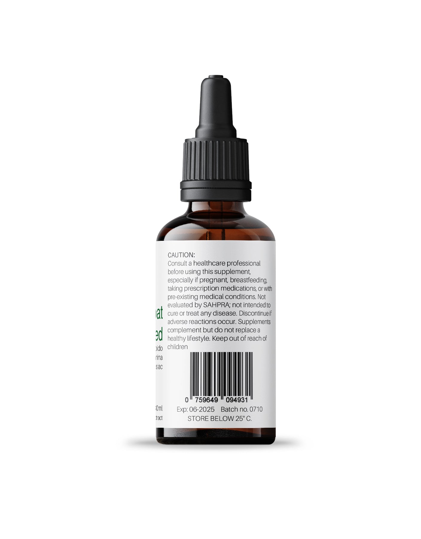 Side label of Kenzen Horny Goat Weed Non-Alcoholic Herbal Tincture 30ml in an amber dropper bottle displaying warning, disclaimer, and barcode on a white background